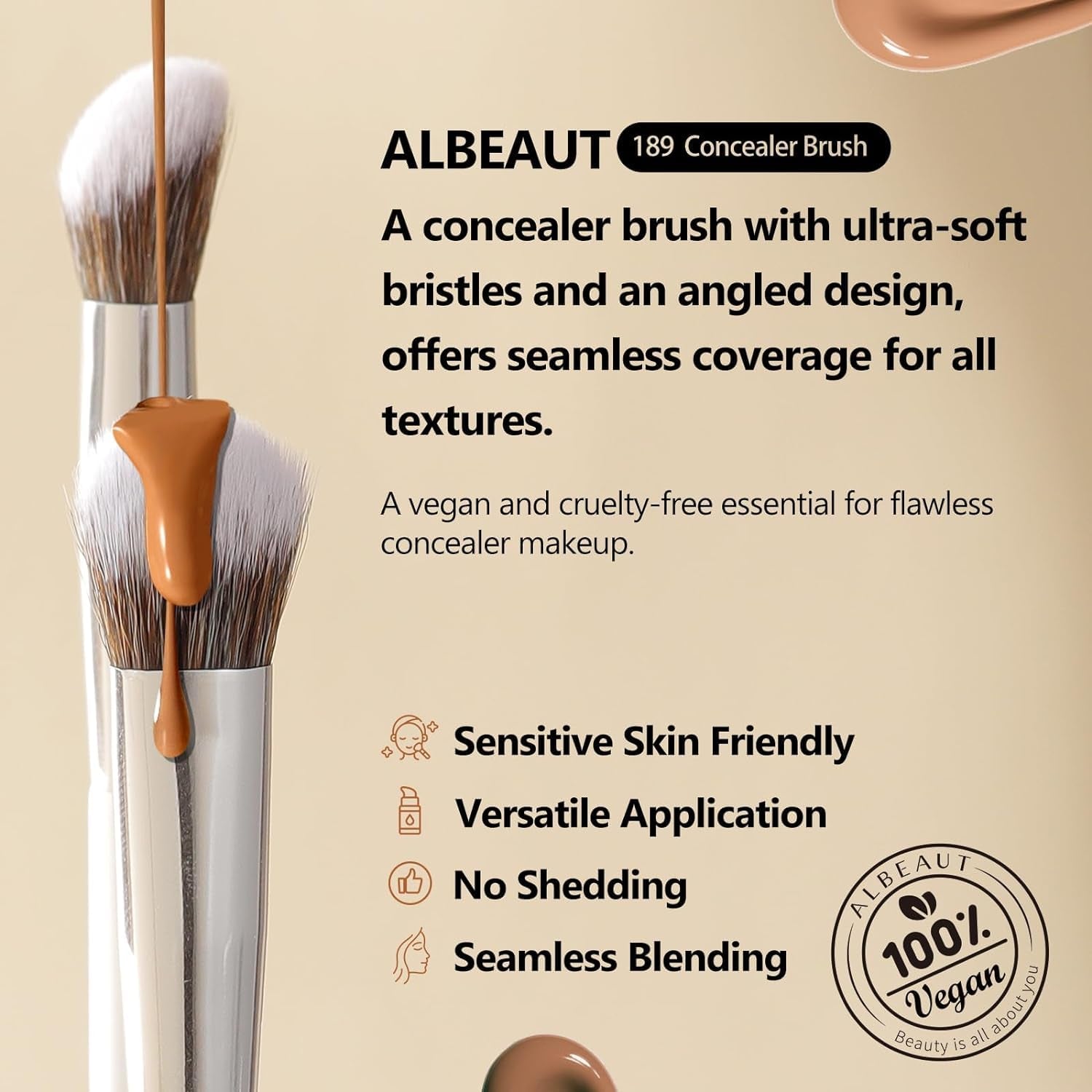 Foundation Concealer Makeup Brushes for Liquid Cream Stick,Soft Big Angled Face Brushes Bronzer Contour Nose Eyeshadow Blending Set (189201)
